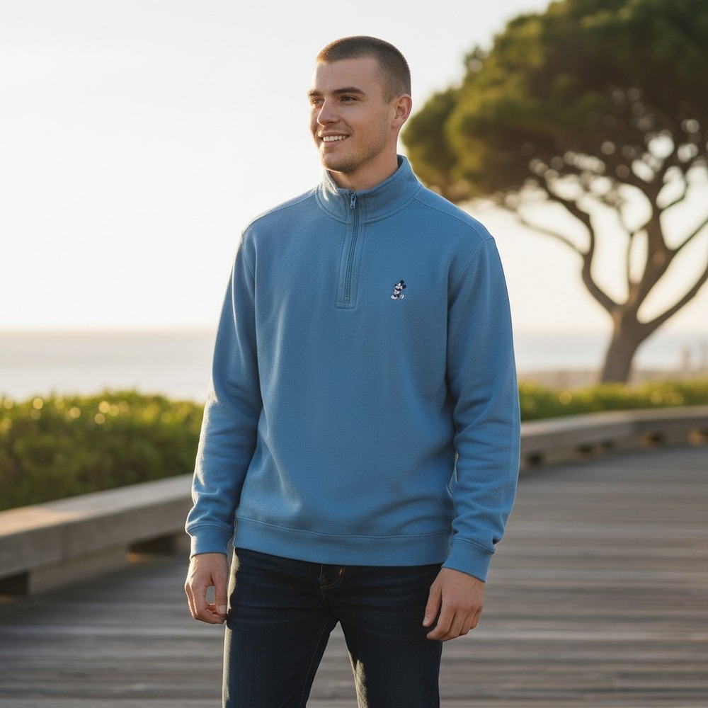 Disney Parks Mens Mickey Mouse Embroidered Quarter Zip Sweatshirt Blue Medium